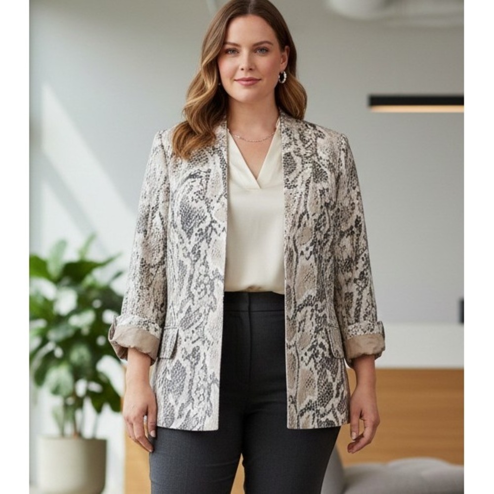 Vtg LOUBEN Canada 14‎ Snake Print Textured Linen Blazer Open Front Edgy Classy